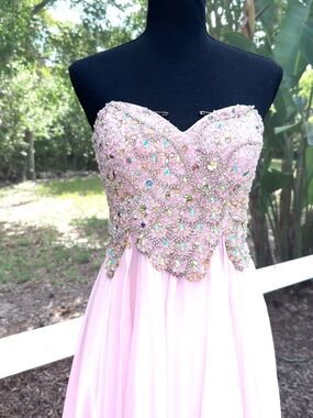 ALYCE PARIS ~ Blush Pink Chiffon Silky Prom Dress w/Rhinestones Bodice size 6